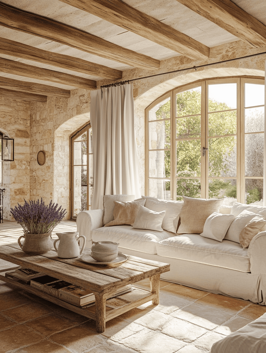 Salon style provençal avec pierres naturelles, lavande et charme du sud