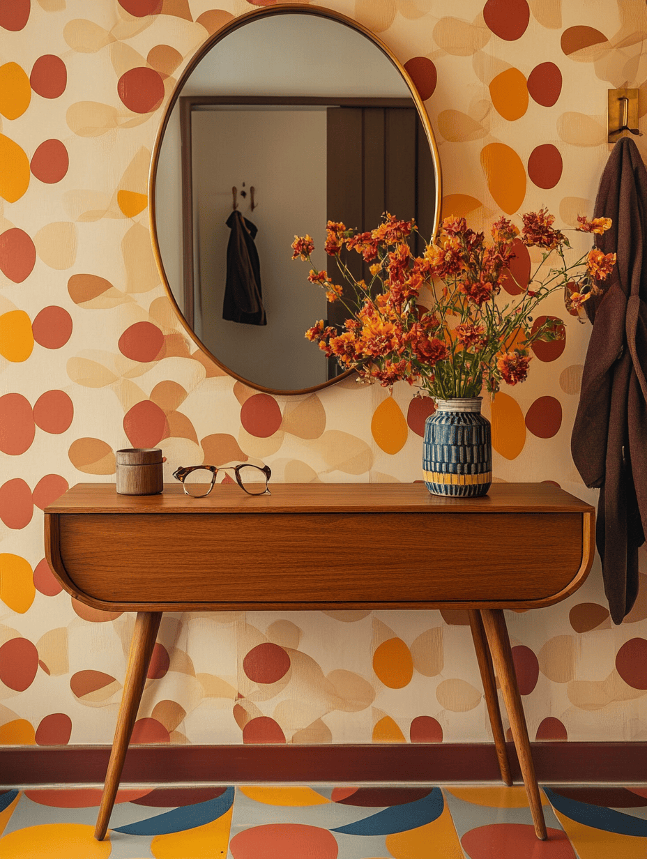 Entrée style rétro avec papier peint géométrique, miroir ovale et accessoires colorés