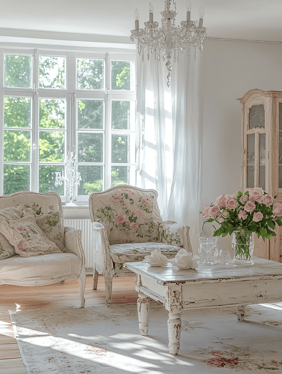 Salon style shabby chic avec meubles patinés, couleurs pastel et ambiance romantique