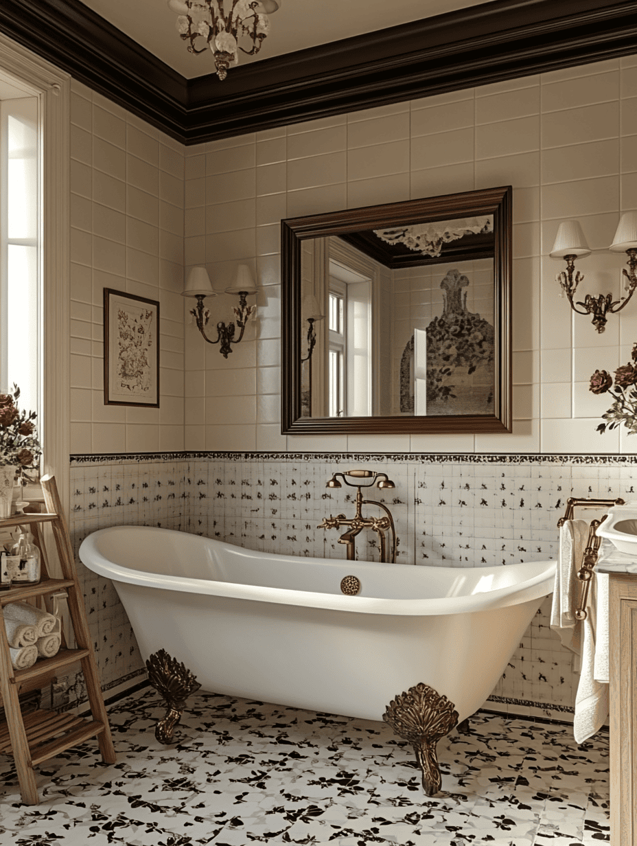 Salle de bain style victorien avec baignoire à pattes, carrelage ancien et robinetterie dorée