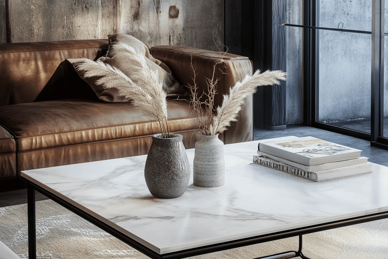 Table basse avec plateau en marbre clair et pieds en métal dans un salon industriel chic