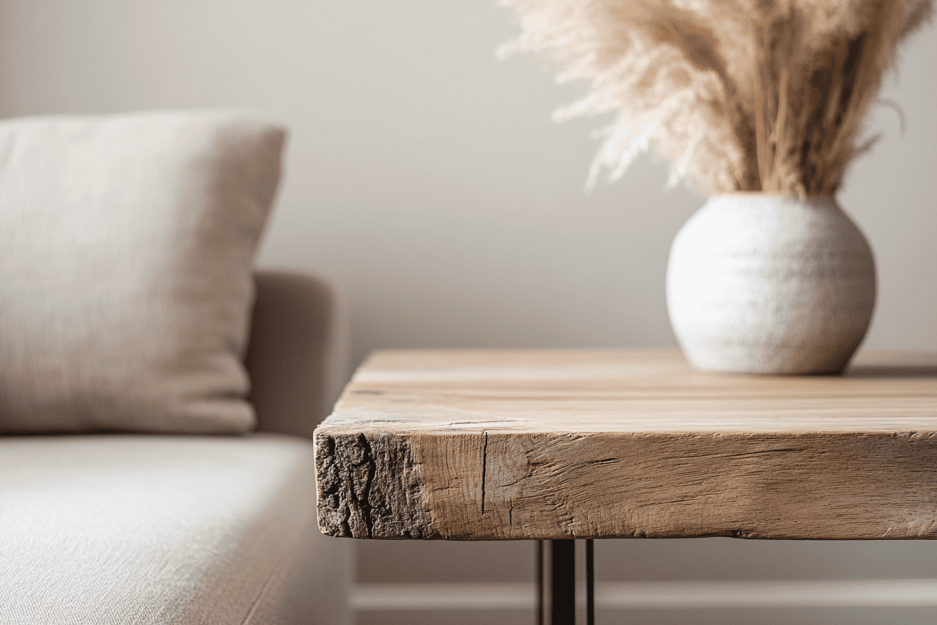 Table basse rénovée en bois avec un style moderne et épuré