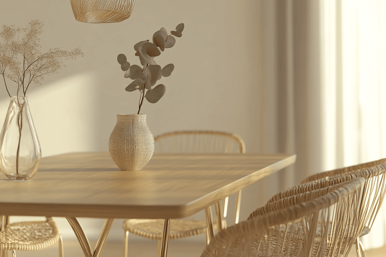 Table en bois clair et chaises aux pieds en laiton dans une salle à manger élégante