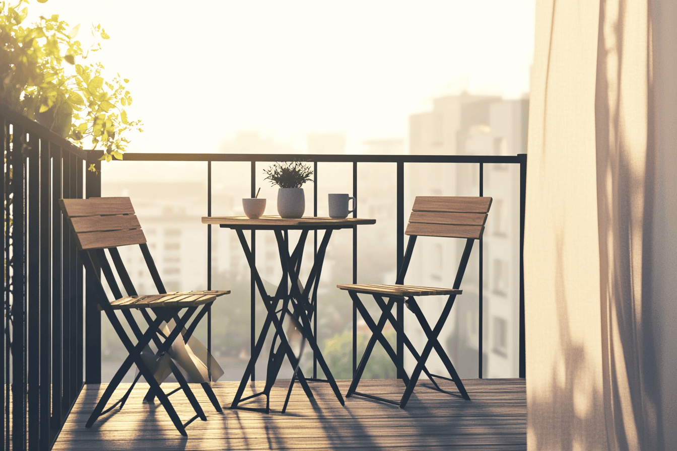 Table pliante en bois clair avec deux chaises sur un petit balcon urbain