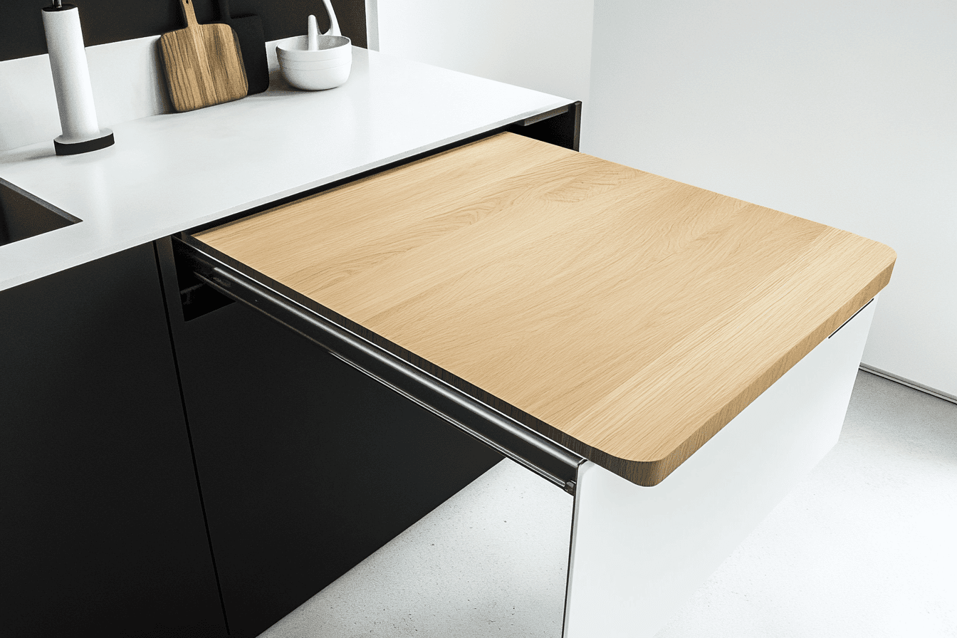Tablette coulissante utilisée comme plan de travail dans une cuisine compacte et moderne