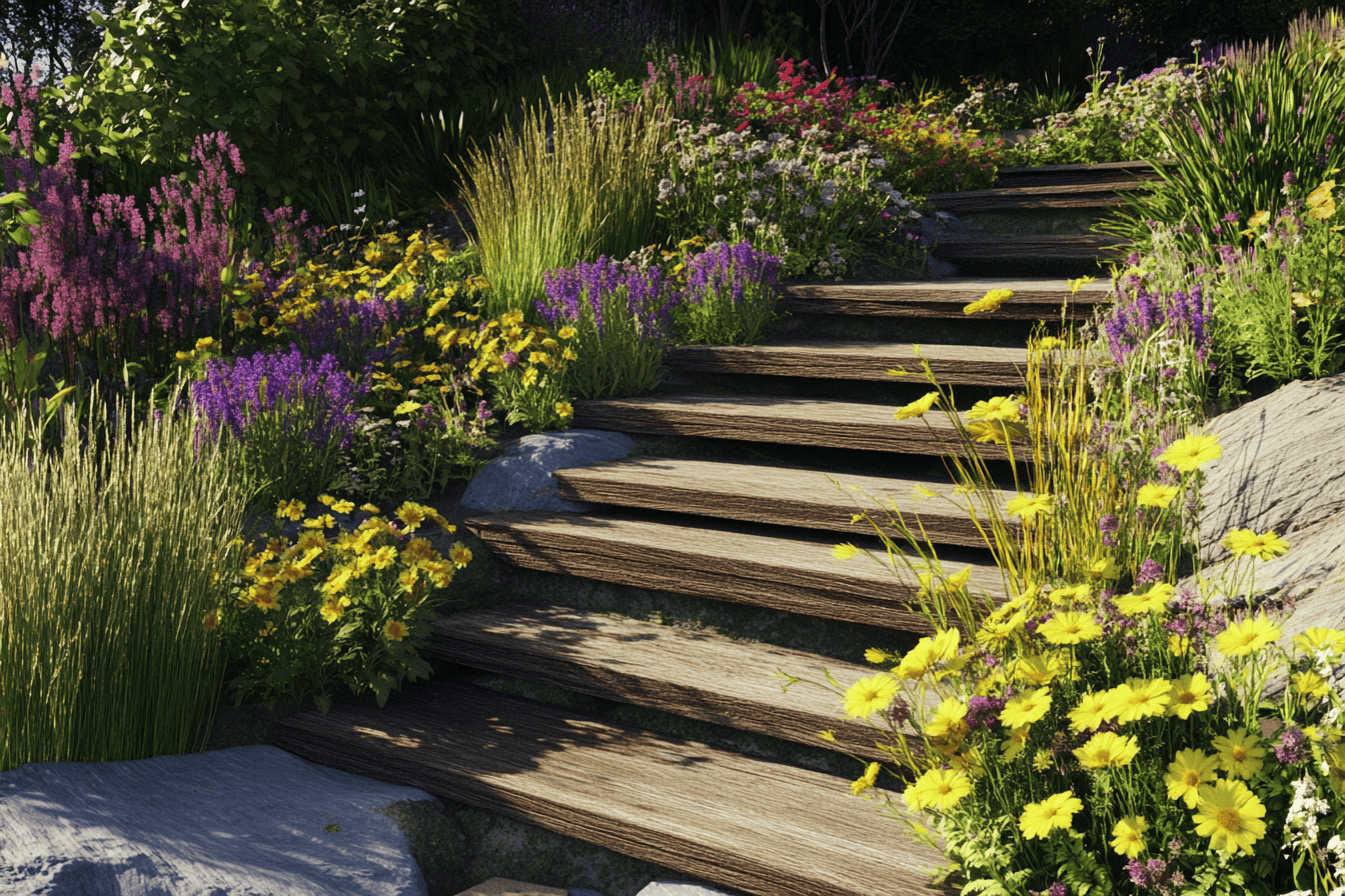 Talus fleuri avec marches en bois encastrées dans un jardin en pente.