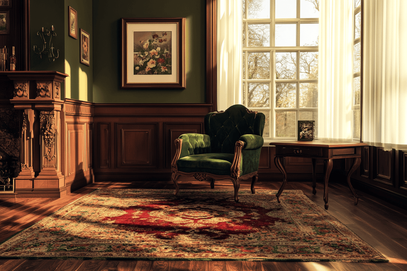 Salon style victorien avec parquet verni et tapis persan rouge profond
