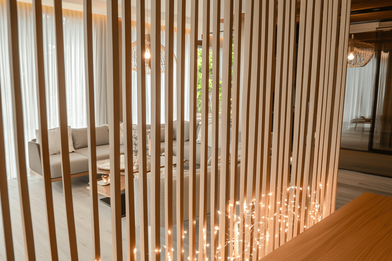 Séparation entre salon et salle à manger avec tasseaux de bois et guirlande lumineuse