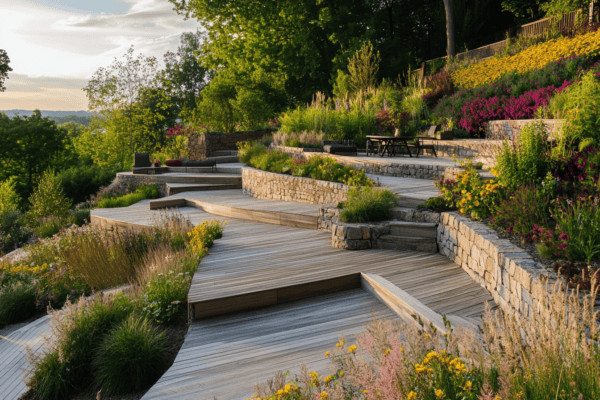 Jardin en pente avec terrasses en bois, murs en pierre et zones végétalisées.