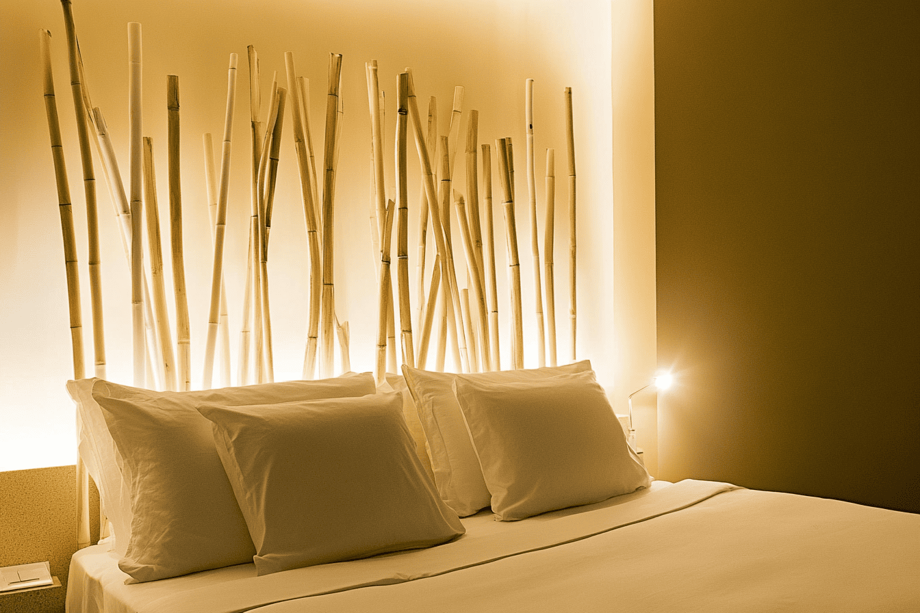 Tête de lit en bambous blancs dans une chambre minimaliste avec des coussins assortis.