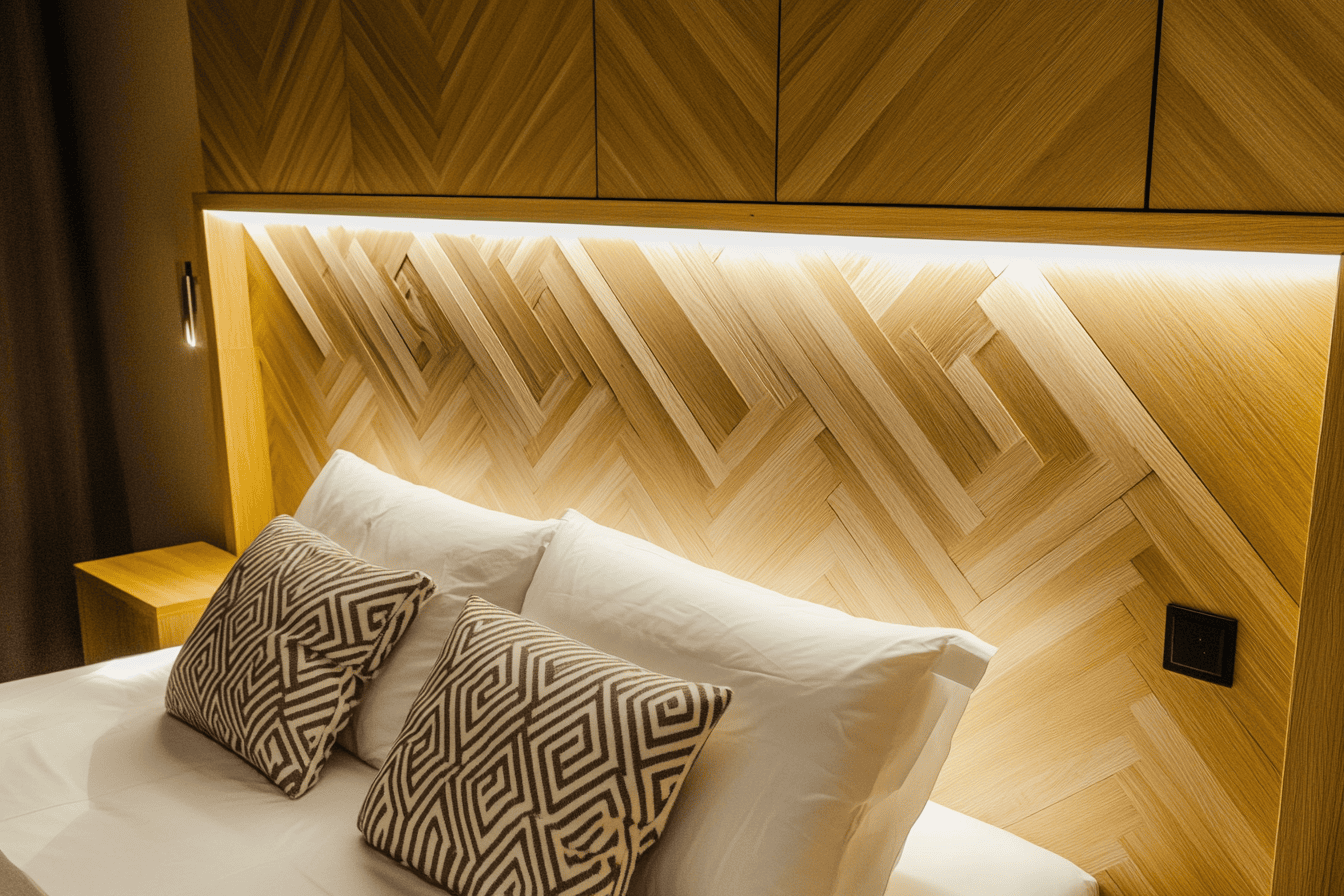 Tête de lit en bois à motifs chevrons avec un éclairage LED intégré.