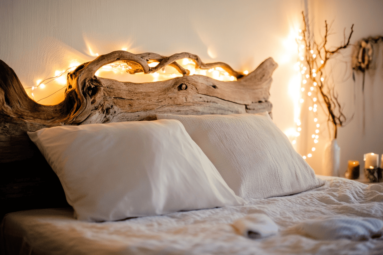 Tête de lit en bois flotté avec des guirlandes lumineuses suspendues.