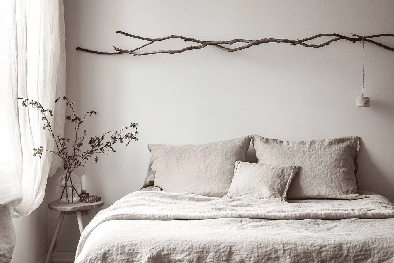 Tête de lit en branches fines suspendues dans une chambre épurée.