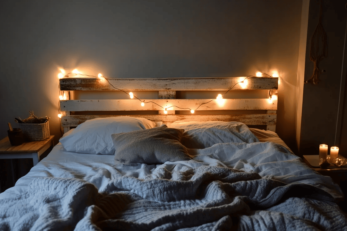 Tête de lit en palette peinte en blanc avec des guirlandes lumineuses suspendues.