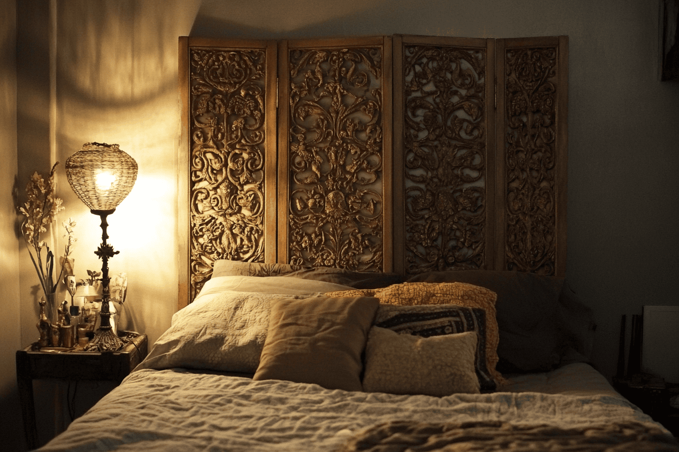 Paravent en bois sculpté utilisé comme tête de lit dans une chambre bohème chic.