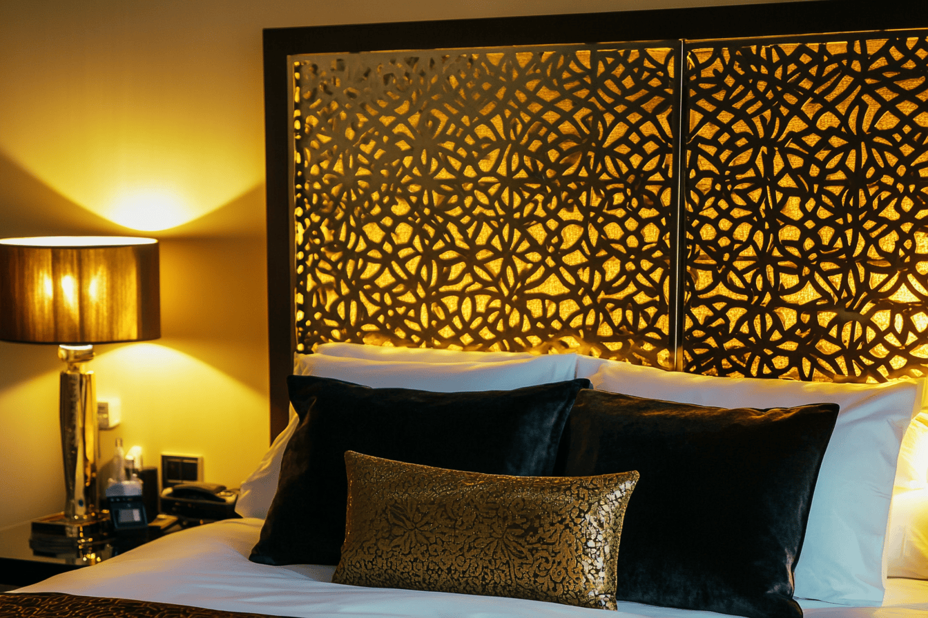 Paravent en métal doré installé derrière le lit pour une ambiance chic et glamour.