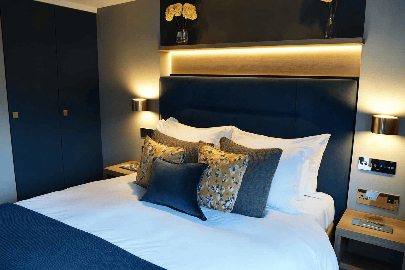 Mur bleu profond délimitant l’espace du lit, avec une tablette murale intégrée.