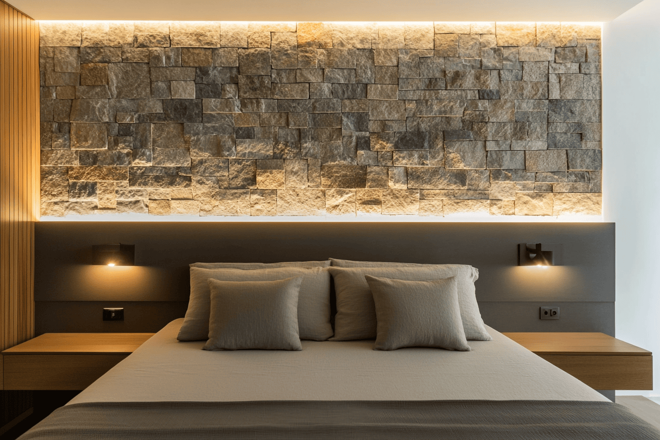 Tête de lit en pierre éclairée par des appliques murales dans une chambre moderne.