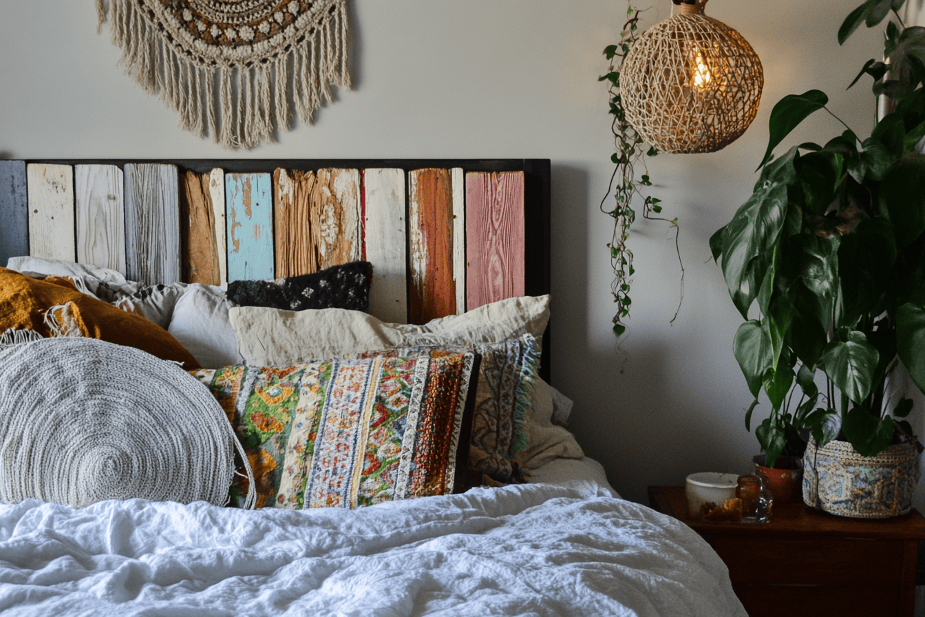 Tête de lit composée de planches multicolores dans une chambre bohème.