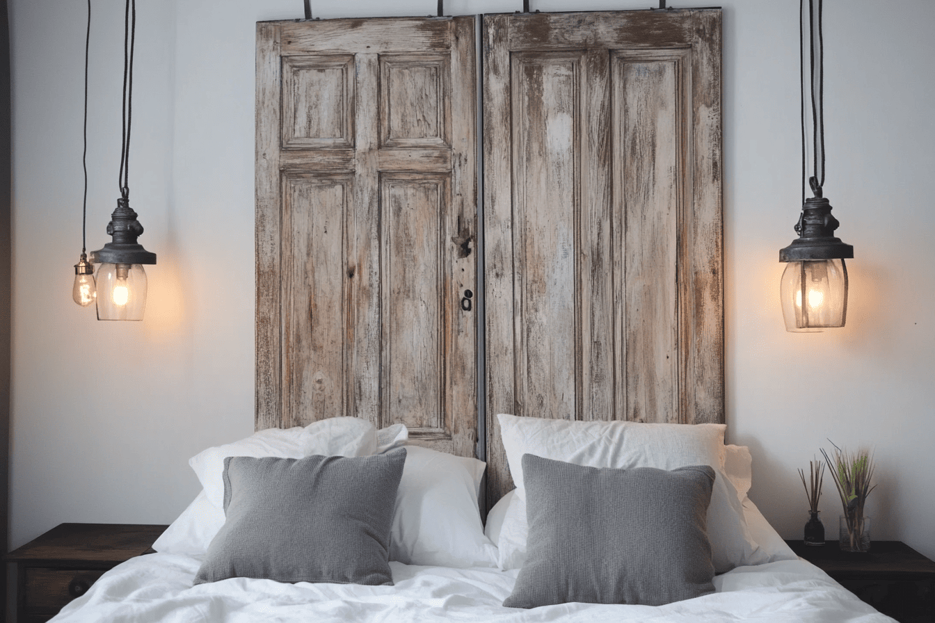Tête de lit réalisée avec des portes en bois patinées, entourée de luminaires suspendus.