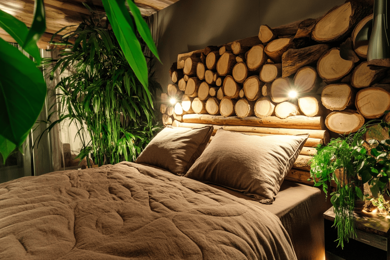Tête de lit en rondins de bois empilés, avec des plantes vertes en décoration.