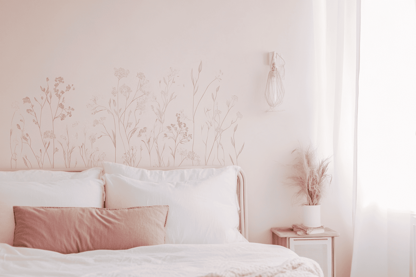 Stickers floraux formant une tête de lit élégante dans une chambre romantique.