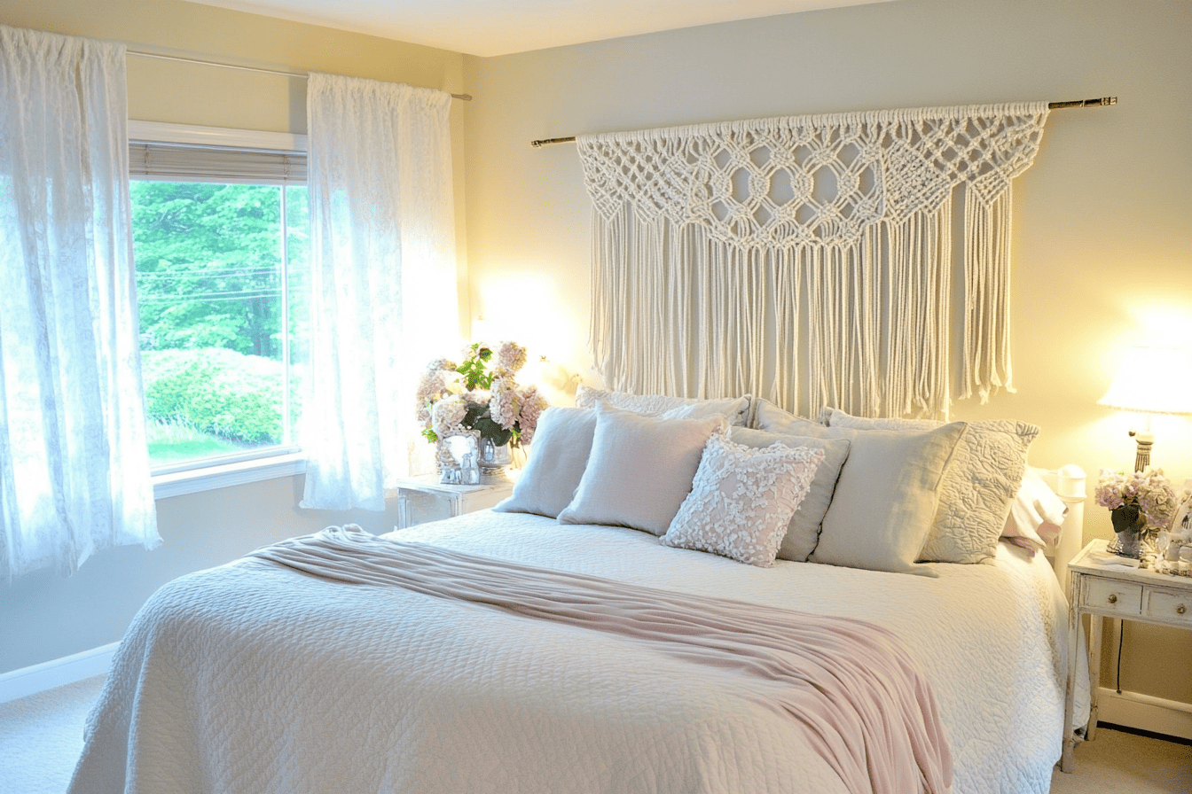 Une tenture en macramé suspendue au-dessus du lit dans une chambre aux teintes douces.