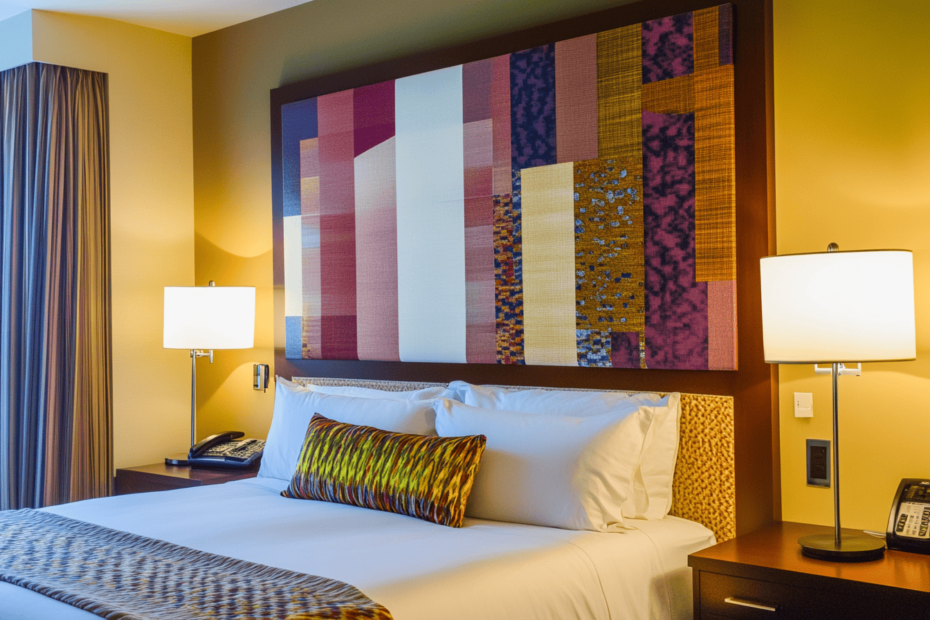 Tissu à motifs géométriques tendu sur un cadre en bois, dans une chambre contemporaine.