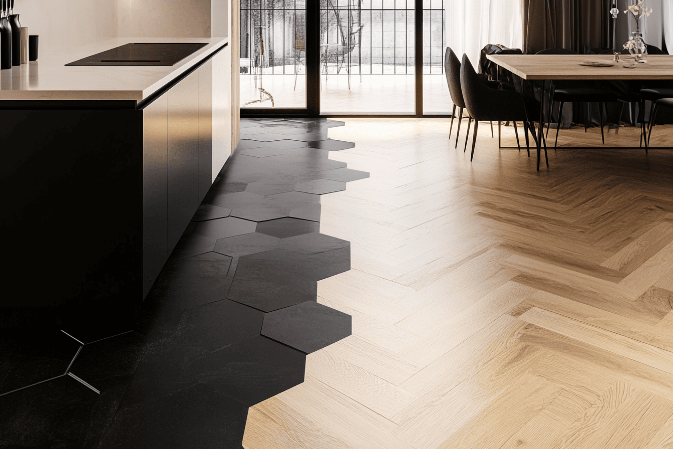 Transition sol entre carrelage hexagonal noir et blanc et parquet chêne clair dans un espace cuisine-salon