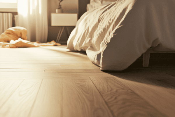 Chambre élégante avec parquet stratifié légèrement usé, illustrant son adaptation aux zones peu fréquentées.