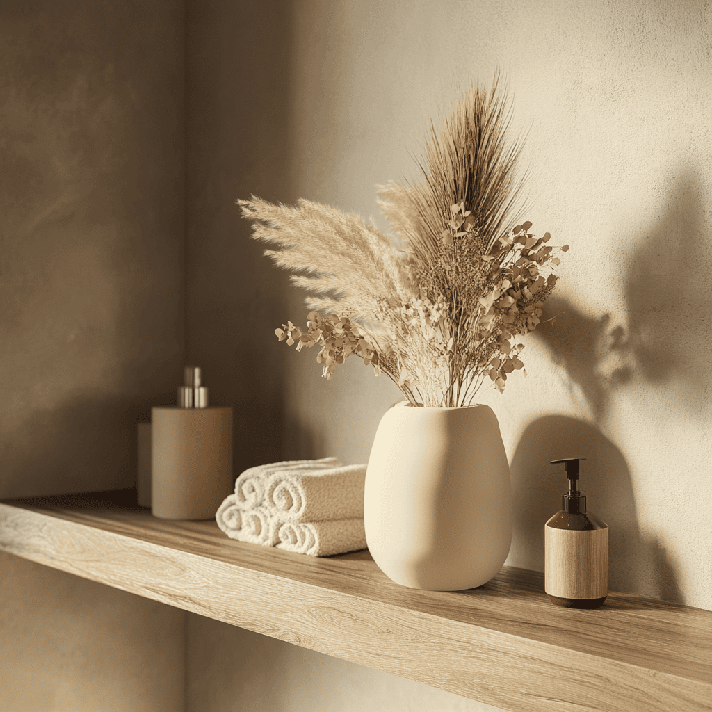 Vase en céramique avec fleurs séchées et pampas sur une étagère dans les WC