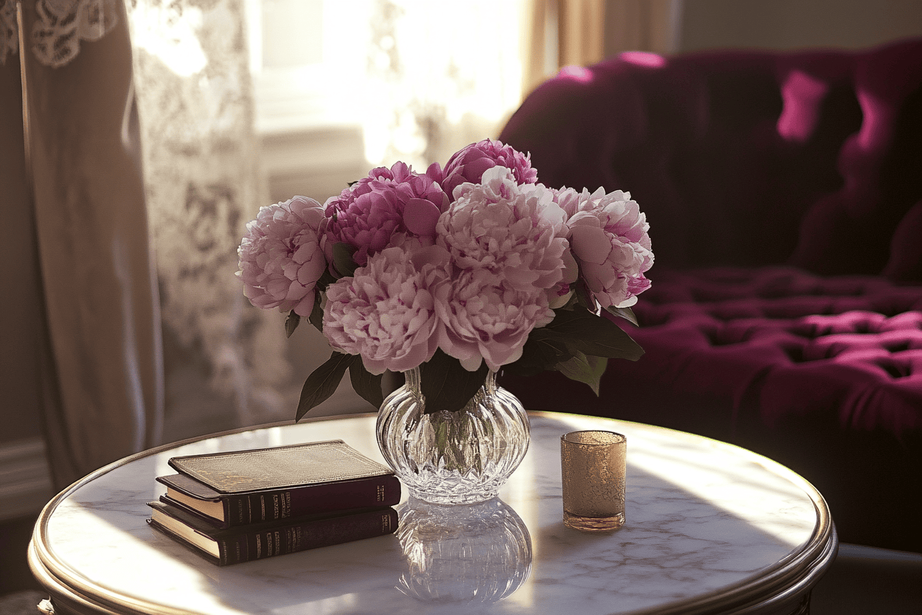 Vase en verre avec pivoines posé sur une table basse en marbre dans un décor romantique victorien