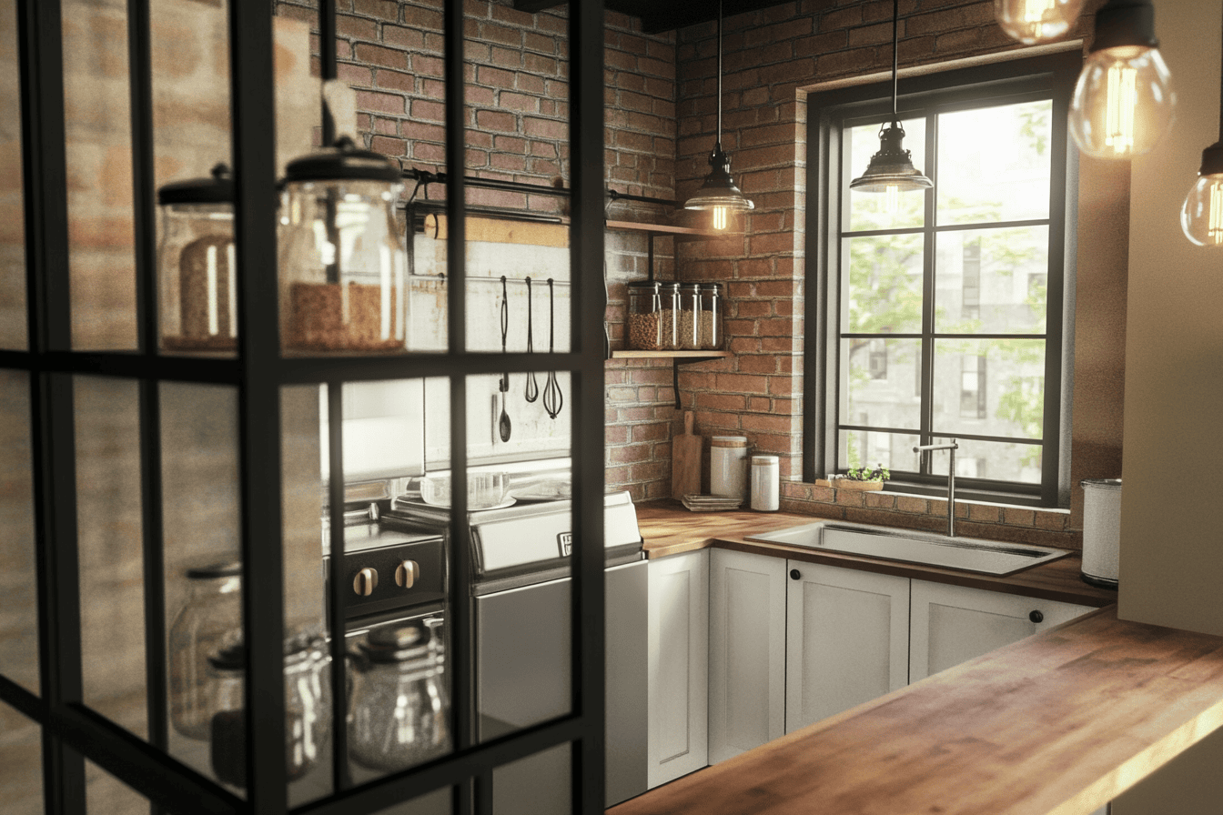 Cuisine avec verrière noire laissant entrer la lumière naturelle