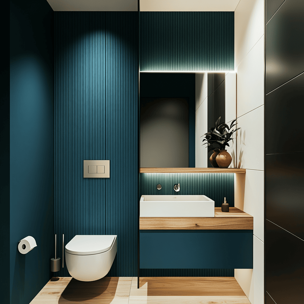 Mur bleu canard, plafond blanc et sol imitation bois dans des toilettes modernes