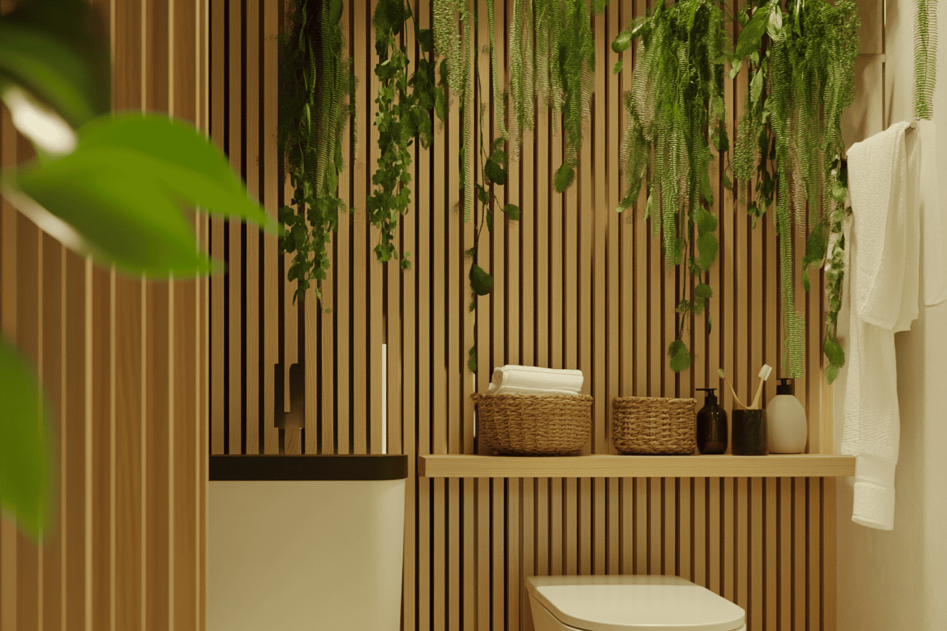 Mur en tasseaux de bois derrière les toilettes avec étagères et plantes suspendues