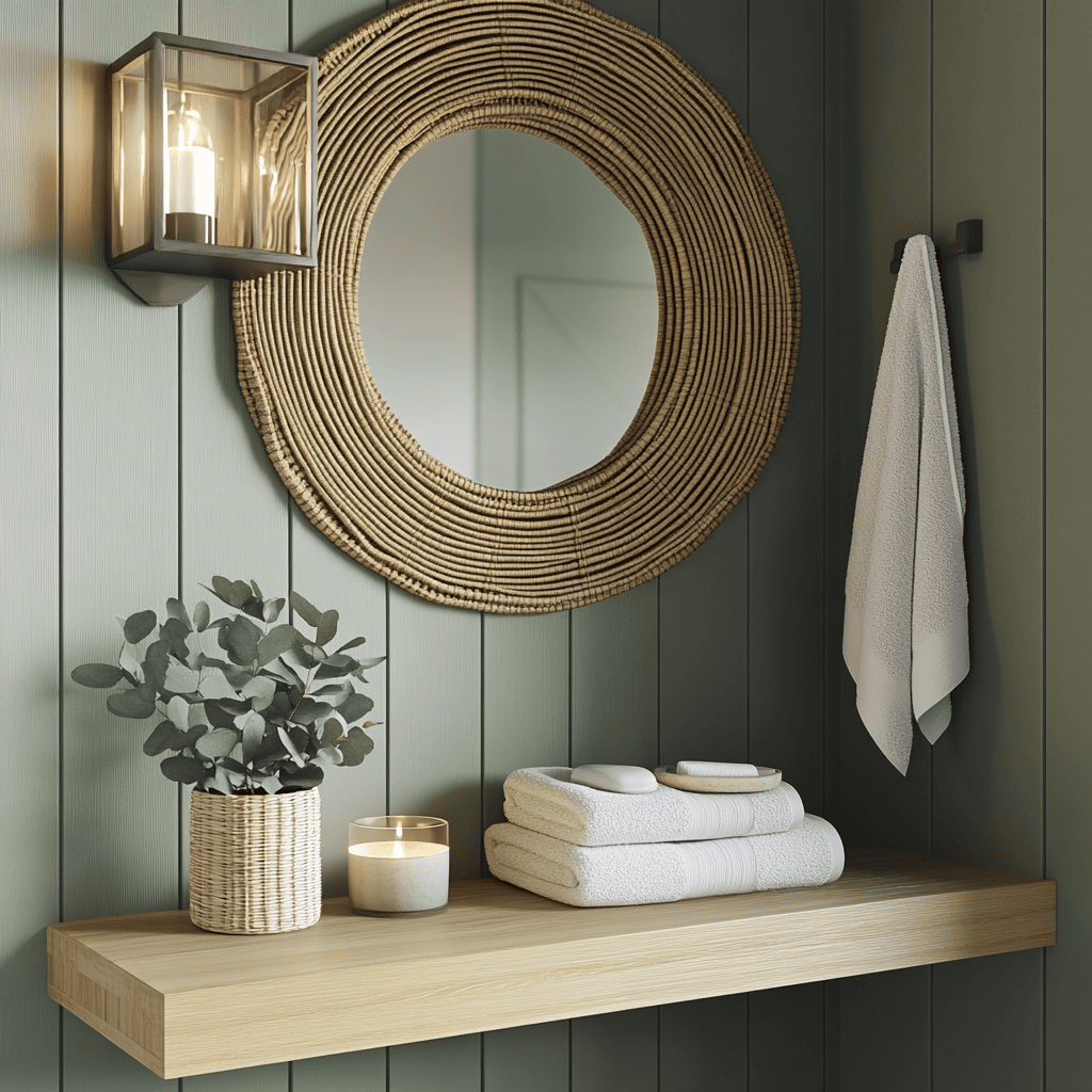 Mur vert sauge dans les toilettes avec miroir en rotin et étagère bois clair
